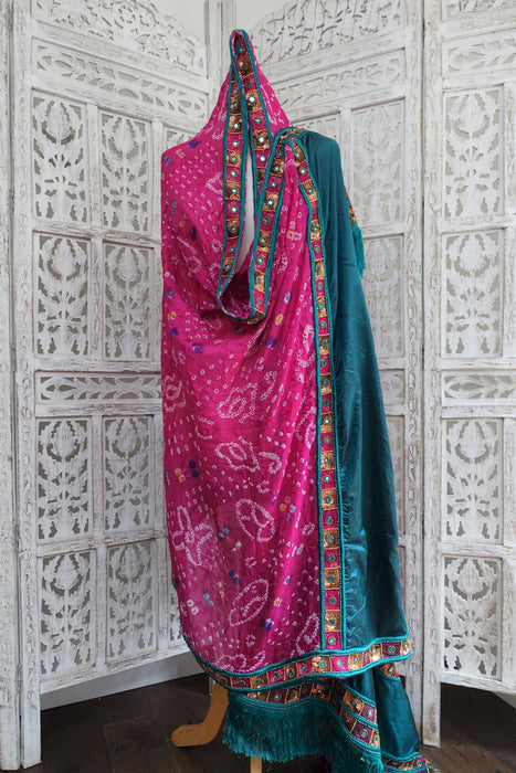 Teal & Pink Vintage Silk Dupatta - Preloved