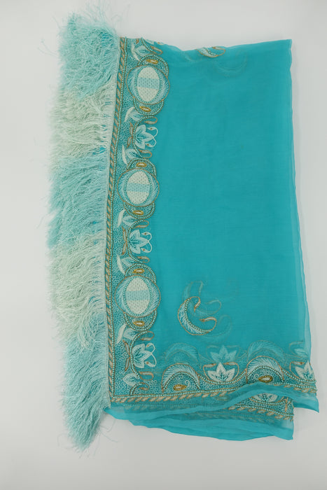 Blue Vintage Silk Chiffon Dupatta With Silk Fringe - Preloved