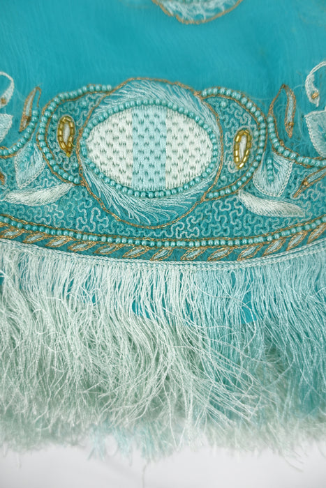 Blue Vintage Silk Chiffon Dupatta With Silk Fringe - Preloved