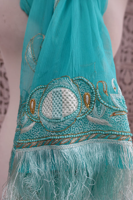 Blue Vintage Silk Chiffon Dupatta With Silk Fringe - Preloved