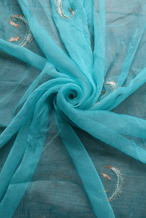 Blue Vintage Silk Chiffon Dupatta With Silk Fringe - Preloved