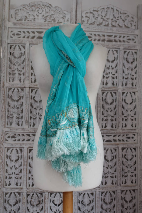 Blue Vintage Silk Chiffon Dupatta With Silk Fringe - Preloved