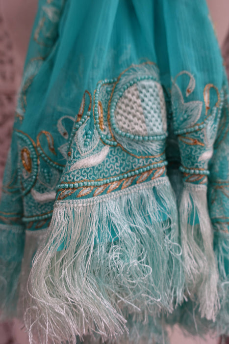 Blue Vintage Silk Chiffon Dupatta With Silk Fringe - Preloved