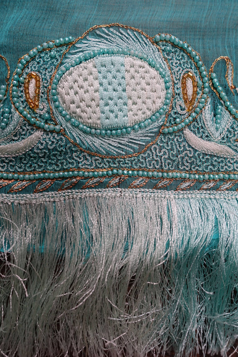 Blue Vintage Silk Chiffon Dupatta With Silk Fringe - Preloved