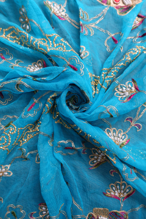 Blue Silk Chiffon Vintage Dupatta - New
