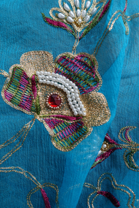 Blue Silk Chiffon Vintage Dupatta - New