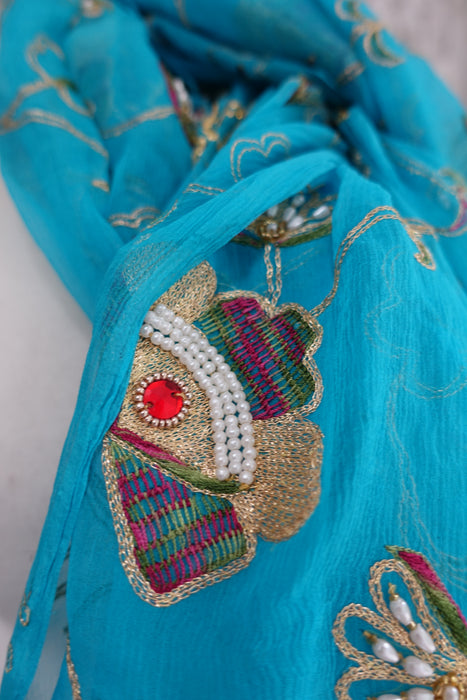 Blue Silk Chiffon Vintage Dupatta - New