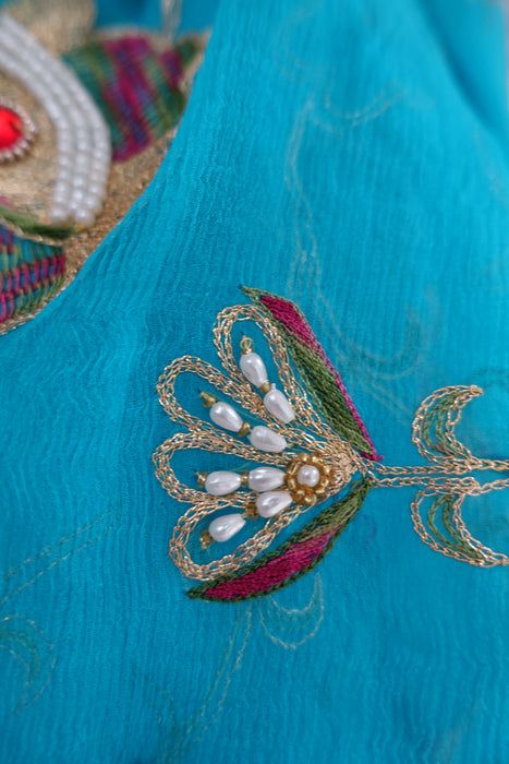 Blue Silk Chiffon Vintage Dupatta - New