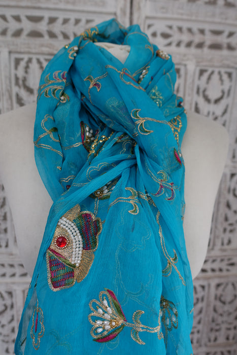 Blue Silk Chiffon Vintage Dupatta - New