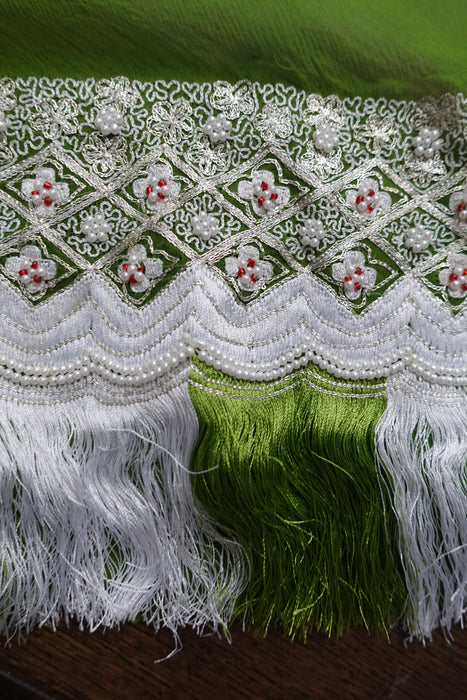Green Silk Vintage Chiffon With White Beading - New