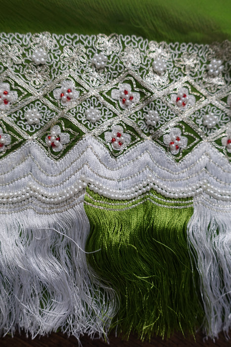 Green Silk Vintage Chiffon With White Beading - New
