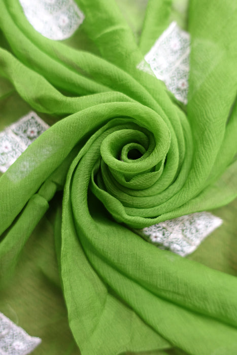 Green Silk Vintage Chiffon With White Beading - New