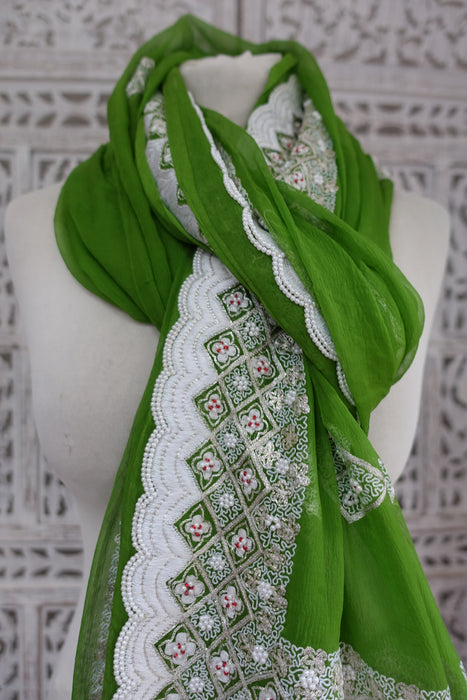 Green Silk Vintage Chiffon With White Beading - New