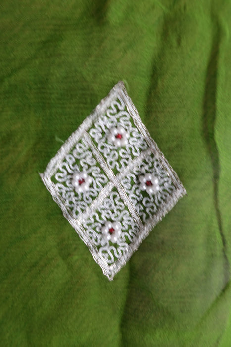 Green Silk Vintage Chiffon With White Beading - New