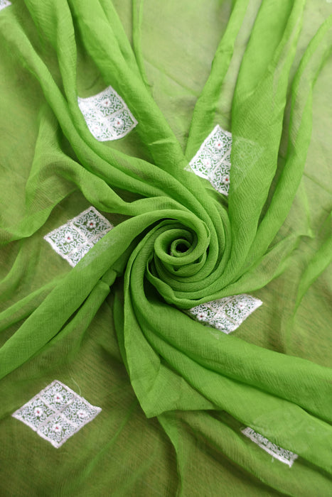 Green Silk Vintage Chiffon With White Beading - New