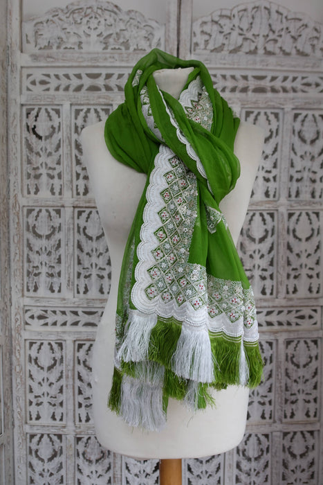 Green Silk Vintage Chiffon With White Beading - New