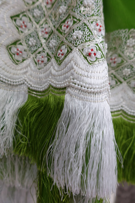 Green Silk Vintage Chiffon With White Beading - New
