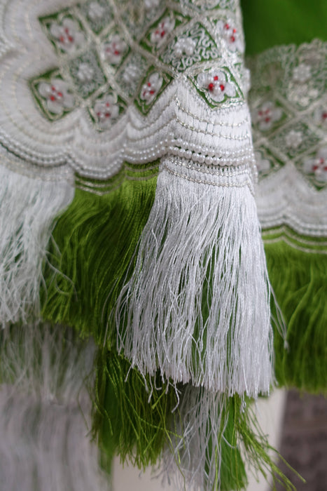 Green Silk Vintage Chiffon With White Beading - New