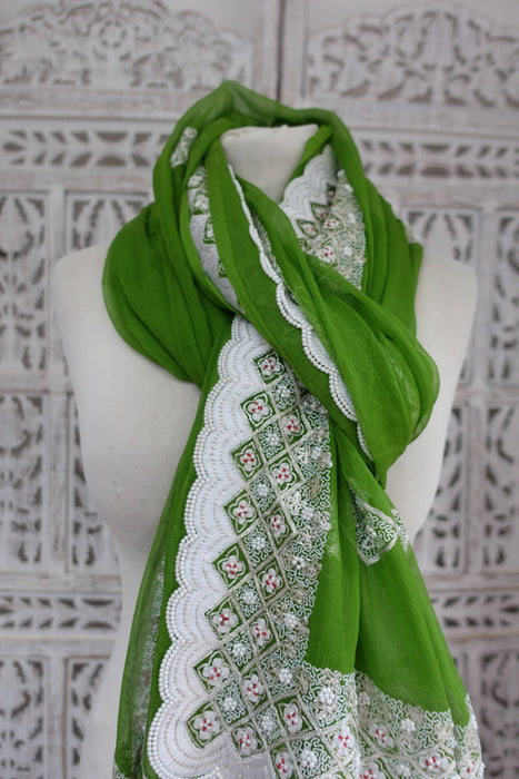 Green Silk Vintage Chiffon With White Beading - New
