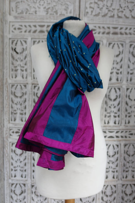 Dark Teal And Magenta Pure Silk Vintage Dupatta - New