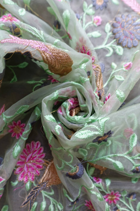 Light Green Voile Floral Embroidered Dupatta - New
