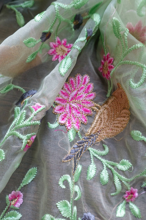 Light Green Voile Floral Embroidered Dupatta - New