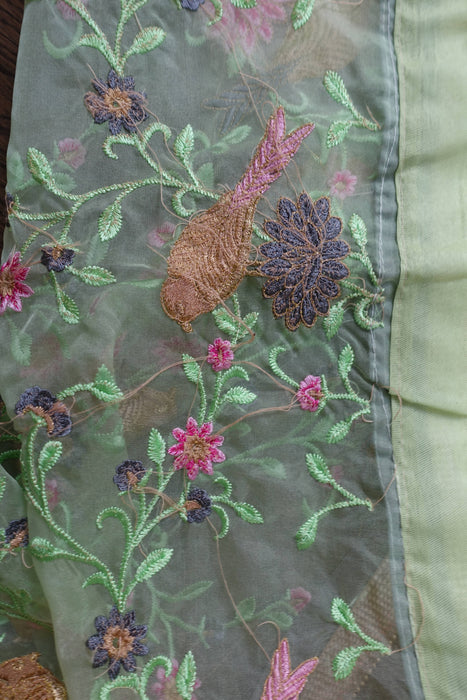 Light Green Voile Floral Embroidered Dupatta - New