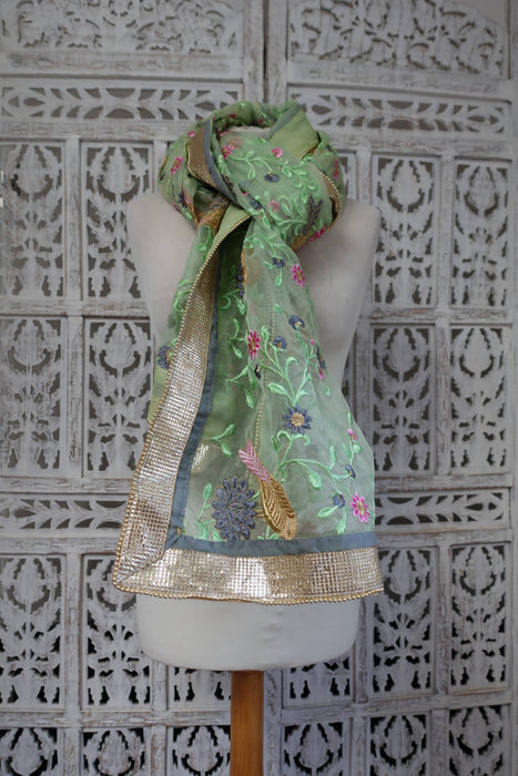 Light Green Voile Floral Embroidered Dupatta - New