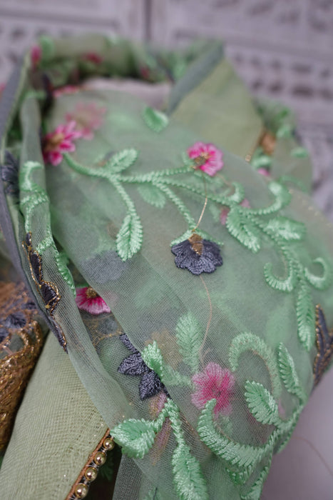 Light Green Voile Floral Embroidered Dupatta - New