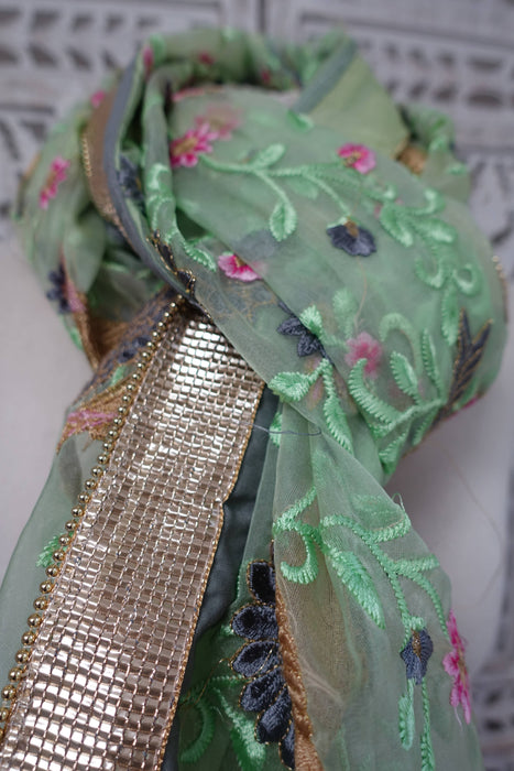 Light Green Voile Floral Embroidered Dupatta - New