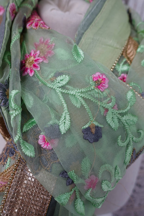Light Green Voile Floral Embroidered Dupatta - New
