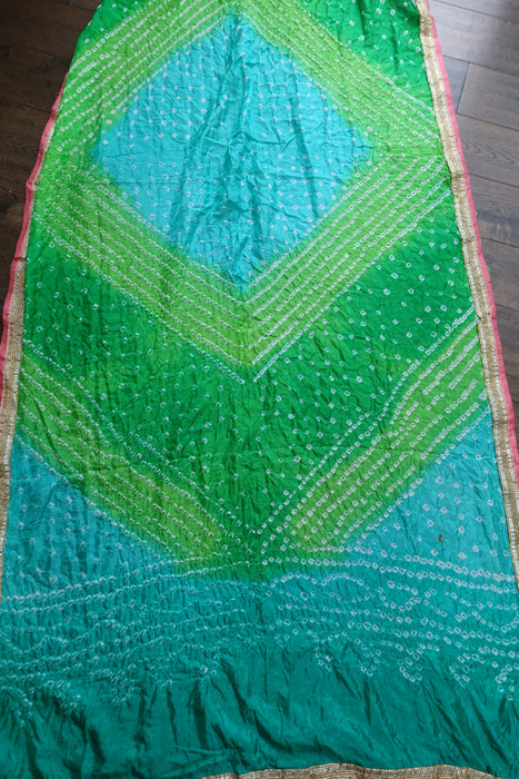 Shades Of Green Pink Bandhani Print Crepe Dupatta - New