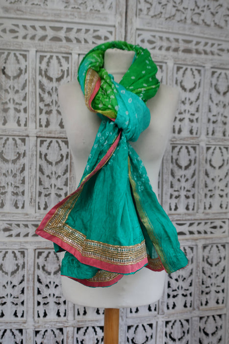 Shades Of Green Pink Bandhani Print Crepe Dupatta - New