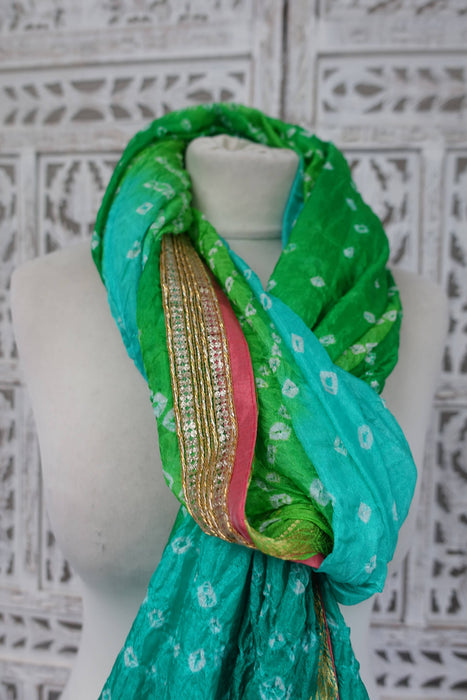 Shades Of Green Pink Bandhani Print Crepe Dupatta - New