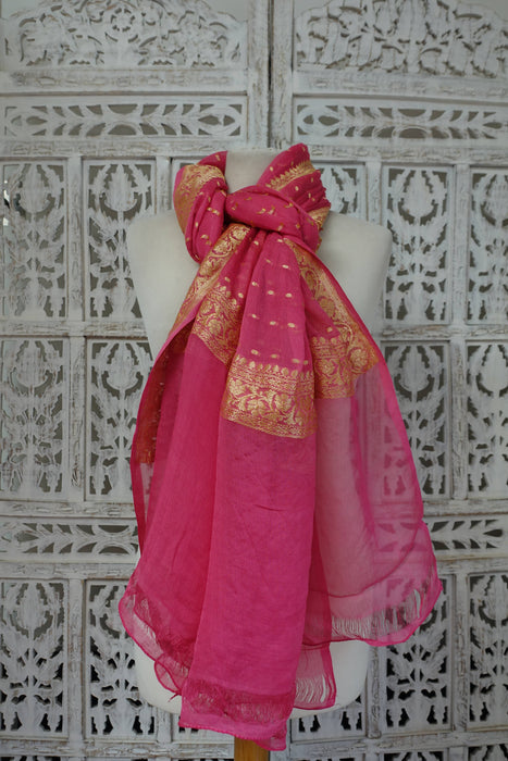 Pink Banarsi With Gold Thread Work Woven Dupatta - New
