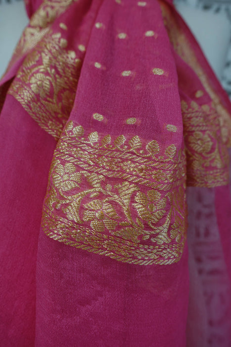 Pink Banarsi With Gold Thread Work Woven Dupatta - New