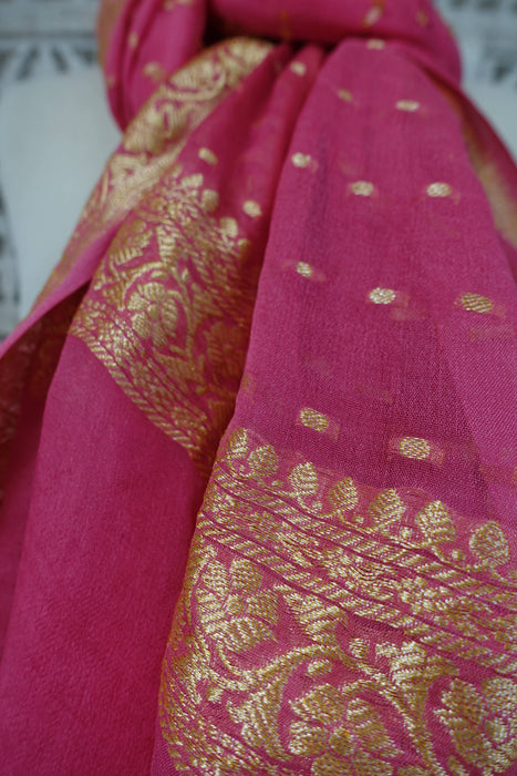 Pink Banarsi With Gold Thread Work Woven Dupatta - New