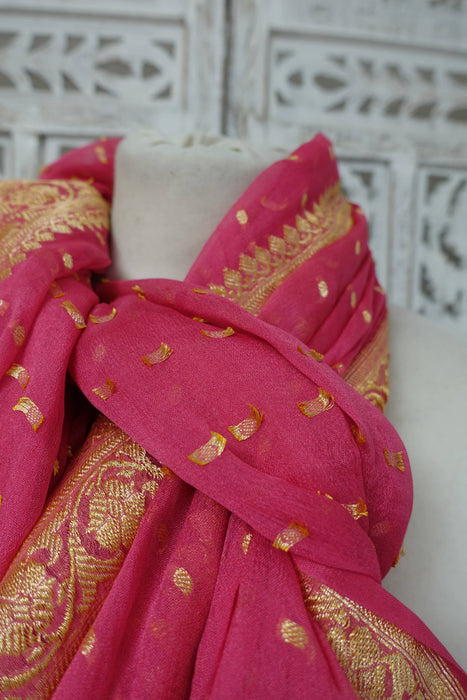 Pink Banarsi With Gold Thread Work Woven Dupatta - New