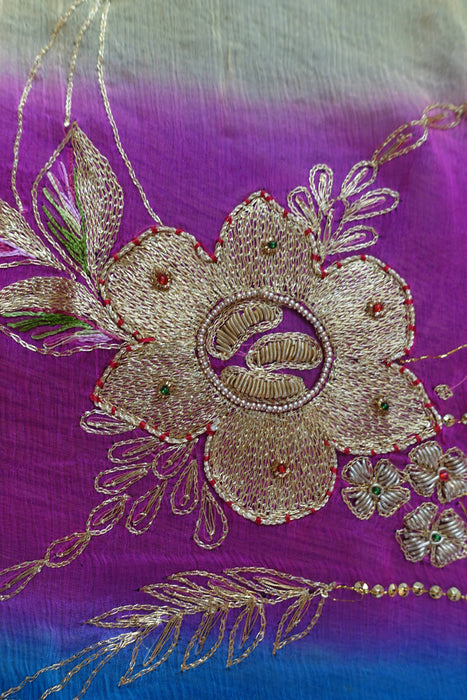 Pink Blue Yellow Silk Chiffon Embellished Dupatta - New