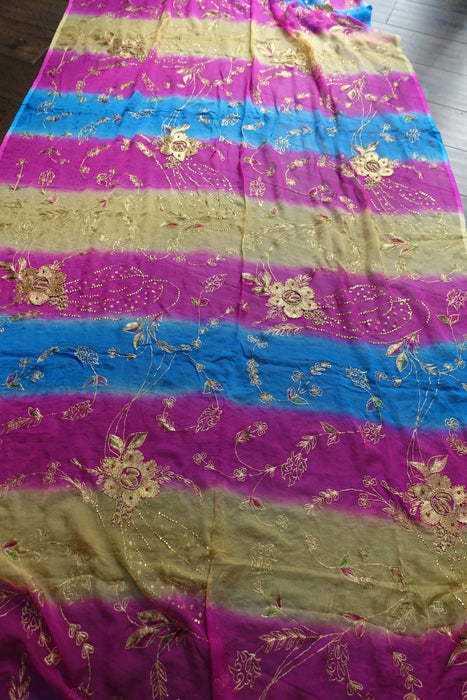 Pink Blue Yellow Silk Chiffon Embellished Dupatta - New