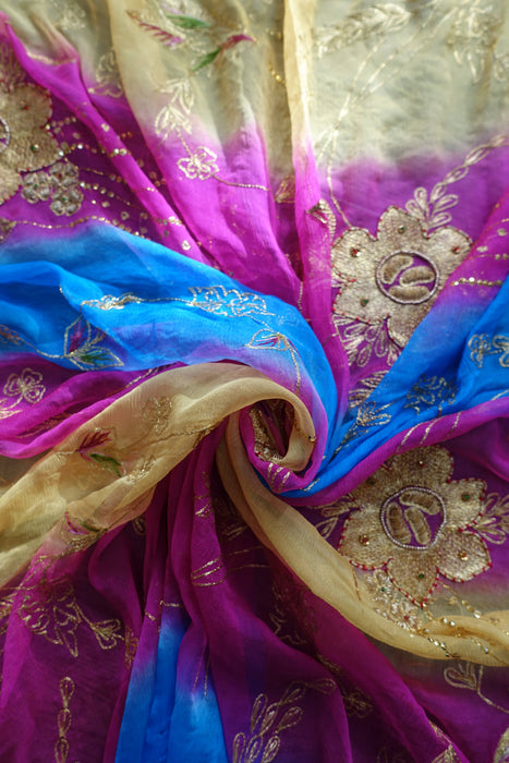 Pink Blue Yellow Silk Chiffon Embellished Dupatta - New
