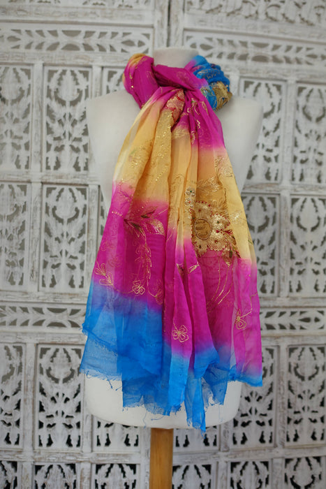 Pink Blue Yellow Silk Chiffon Embellished Dupatta - New