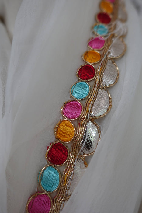 White Chiffon With Colourful Braid Trim - New