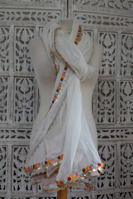 White Chiffon With Colourful Braid Trim - New