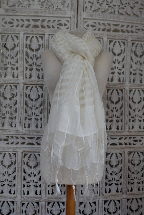 Soft White Chequered Cotton Blend Dupatta - New