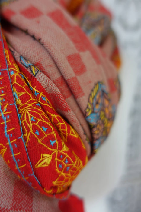 Beige & Red Vintage Wool Embroidered Shawl - New
