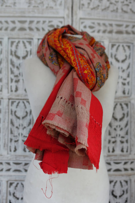 Beige & Red Vintage Wool Embroidered Shawl - New