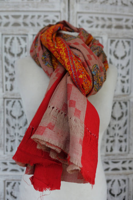 Beige & Red Vintage Wool Embroidered Shawl - New