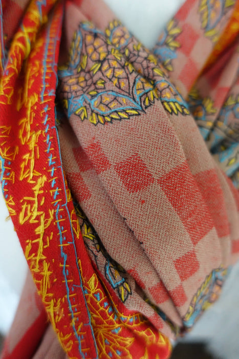 Beige & Red Vintage Wool Embroidered Shawl - New