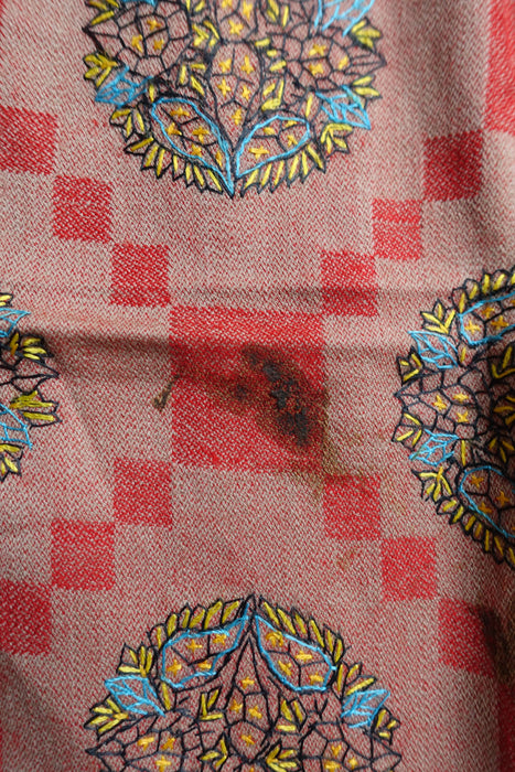 Beige & Red Vintage Wool Embroidered Shawl - New